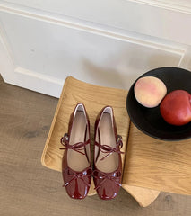 Women’s red patent low heel pumps with square toe design