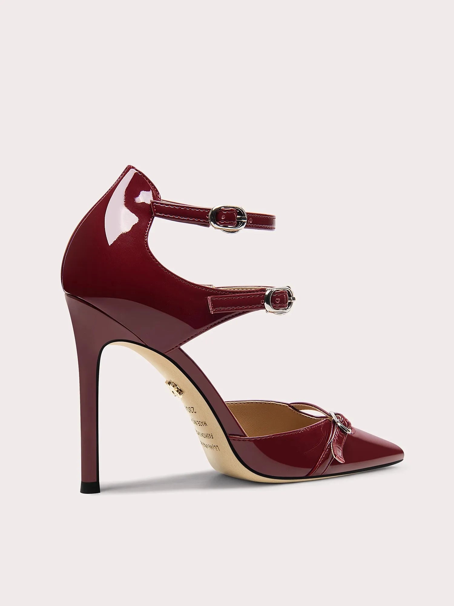Women’s wine red high heel sandals with buckle closure