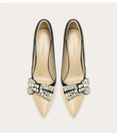 Woven rhinestone bow pointed toe stiletto pumps