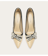 Woven rhinestone bow pointed toe stiletto pumps