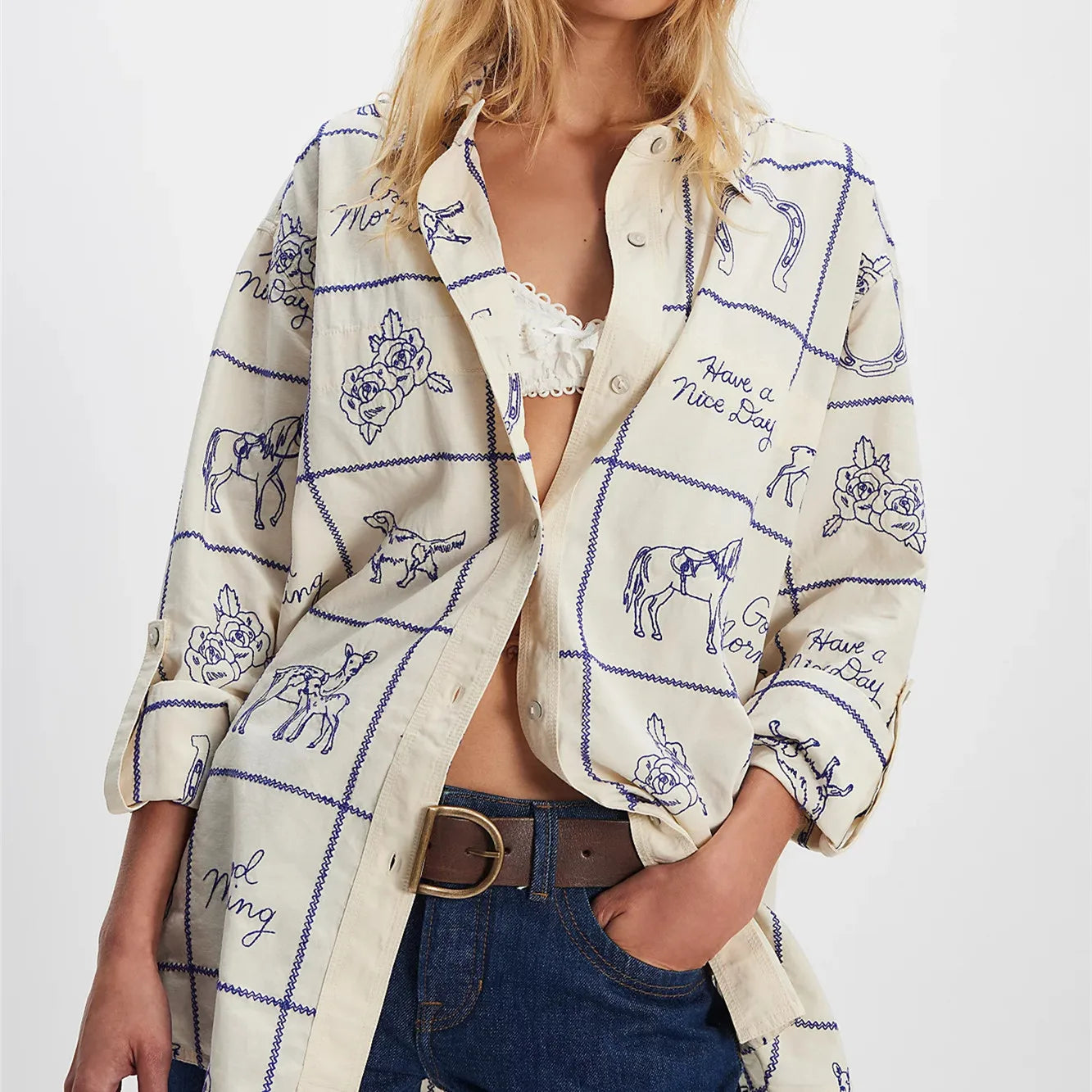 Y2K blue sketch print shirt styled for art-inspired summer looks