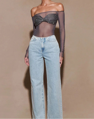 Y2K inspired mesh rhinestone tee paired with casual denim