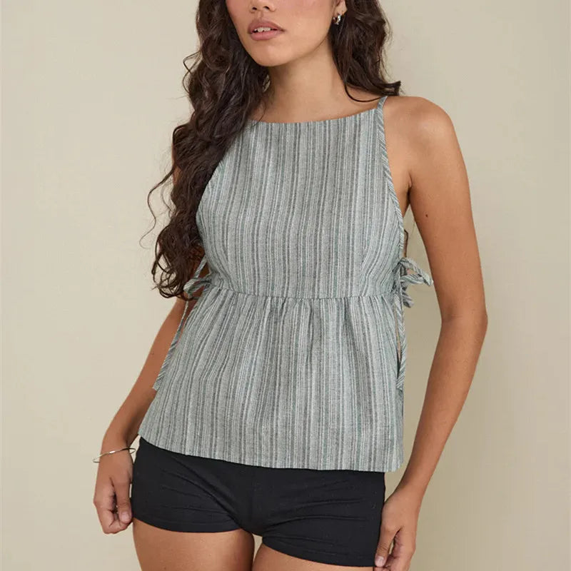Y2K striped peplum tank top with tie sides worn by model