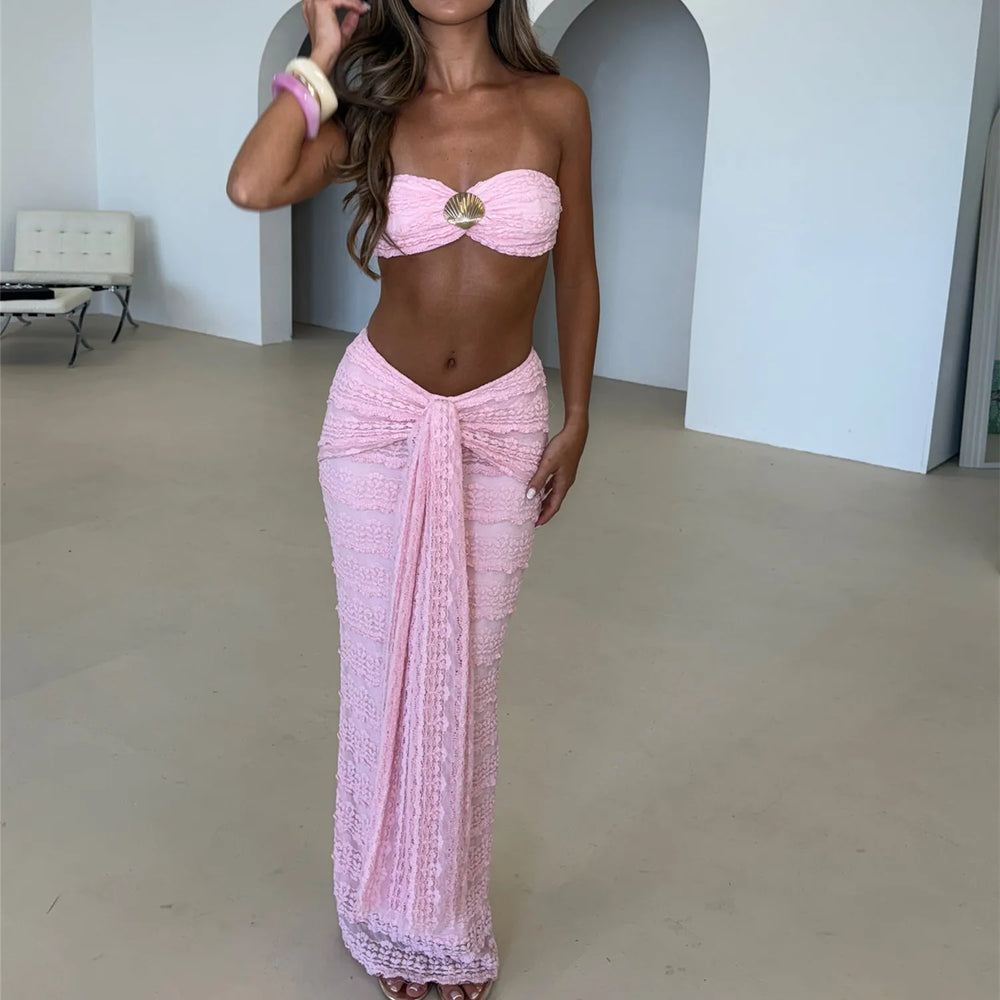 Y2K-inspired strapless top and skirt set worn outdoors