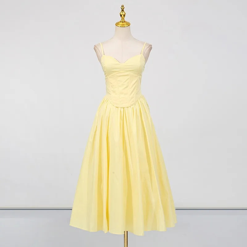 Yellow corset sleeveless party dress styled for summer events