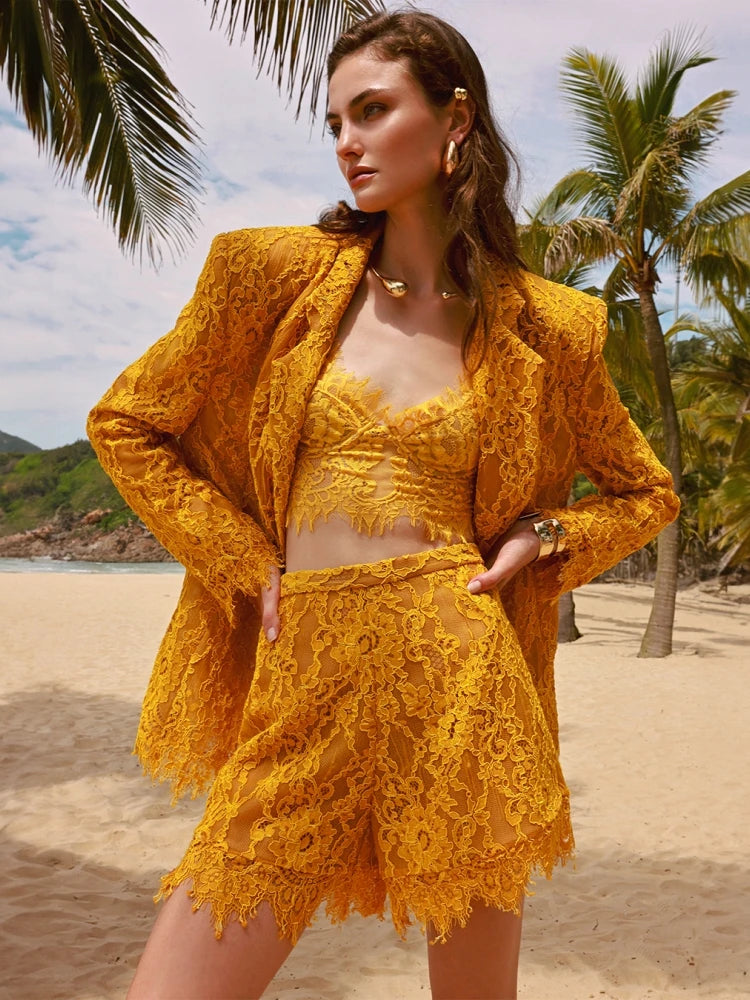 Yellow lace 3-piece suit set styled for cocktail and party wear