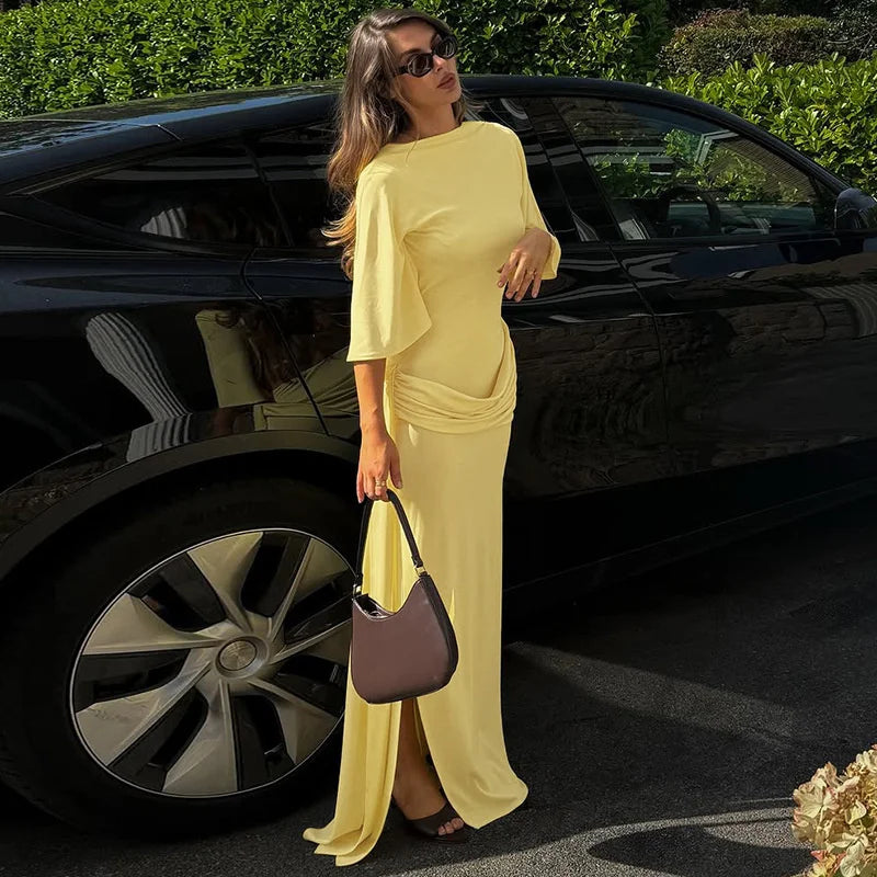yellow occasion dress featuring mid sleeves and sleek fit