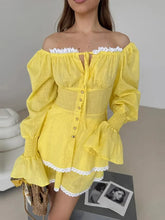 Yellow off-shoulder lace set styled for a summer trip, worn by a person, standing against a neutral background.