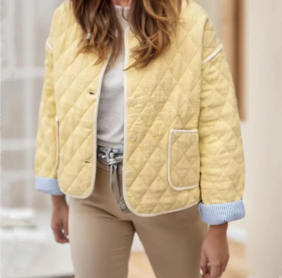 Yellow plaid quilted indie jacket styled for cozy autumn layers
