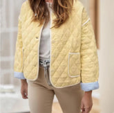 Yellow plaid quilted indie jacket styled for cozy autumn layers