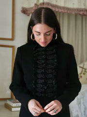 Close view of the zip-front detailing on a structured jacket
