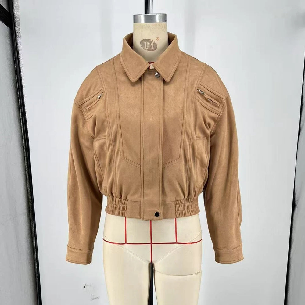 Zippered pocket short bomber jacket in khaki for women’s fall fashion on a mannequin against a plain background