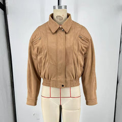 Zippered pocket short bomber jacket in khaki for women’s fall fashion on a mannequin against a plain background