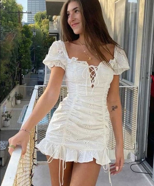 Lace Up Puff Sleeve Ruffles White Mini Dress