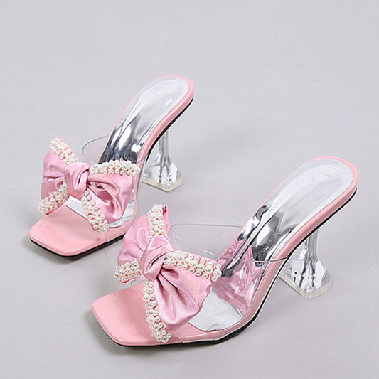 Liyke 2023 New Style Pink Women Slippers Sandals Fashion Pearl Bowknot High Heels PVC Transparent Shoes Summer Mule Slides Pumps