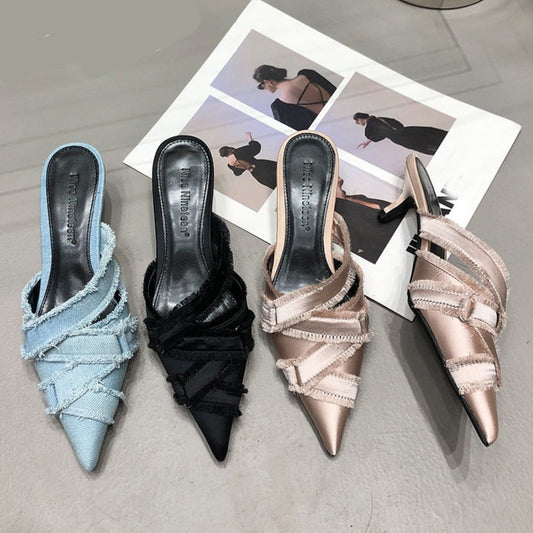 Denim Pumps Designer Medium Heel Shoes for Women
