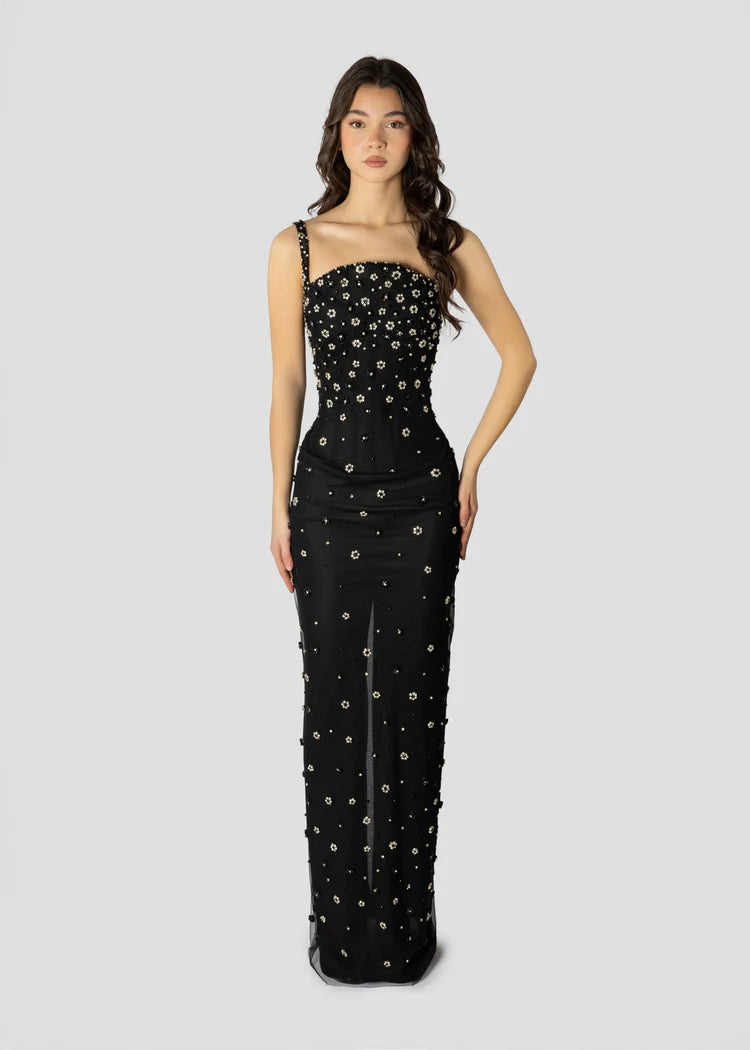 Black column gown with floral crystal embellishments