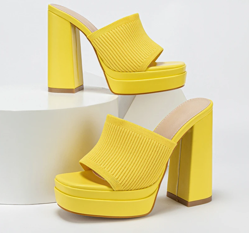 Yellow platform chunky heel mules with textured upper