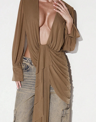 Draped plunge neck long sleeve top in brown