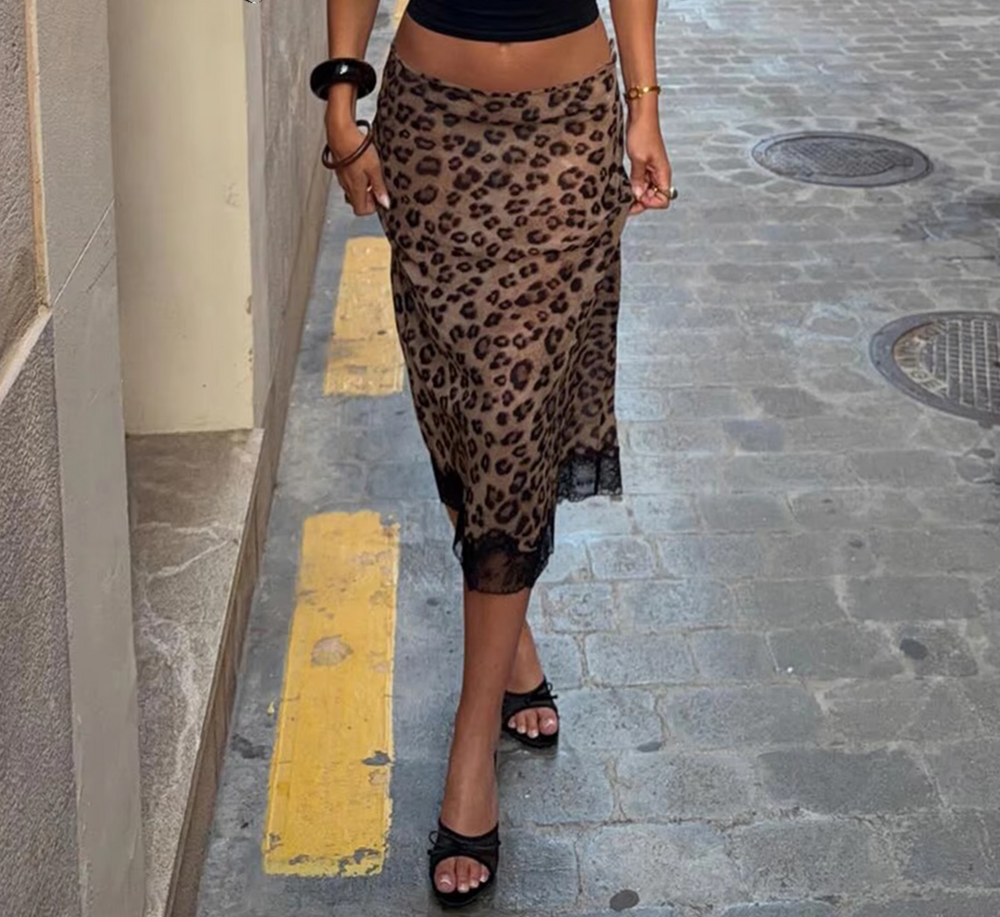 Leopard print lace trim midi skirt