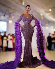 Mermaid Square Neck Long Feather Sleeve Sequin Prom Dress