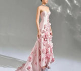 Pink Satin Strapless Embroidered Flower Gown Dress