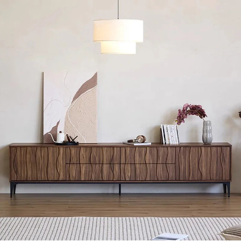 “240CM solid wood TV stand with black base in modern living room”