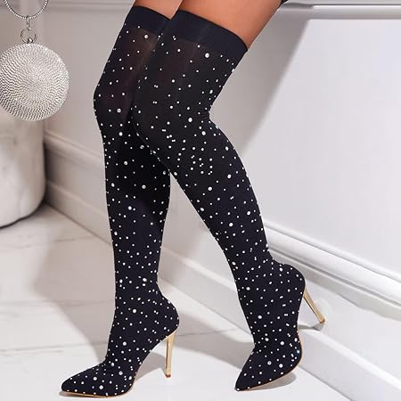Black crystal embellished over-the-knee stiletto boots