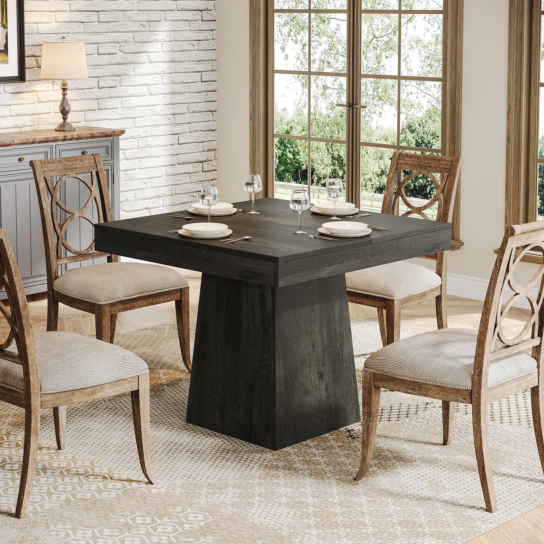 square dining table with wood finish and pedestal base
