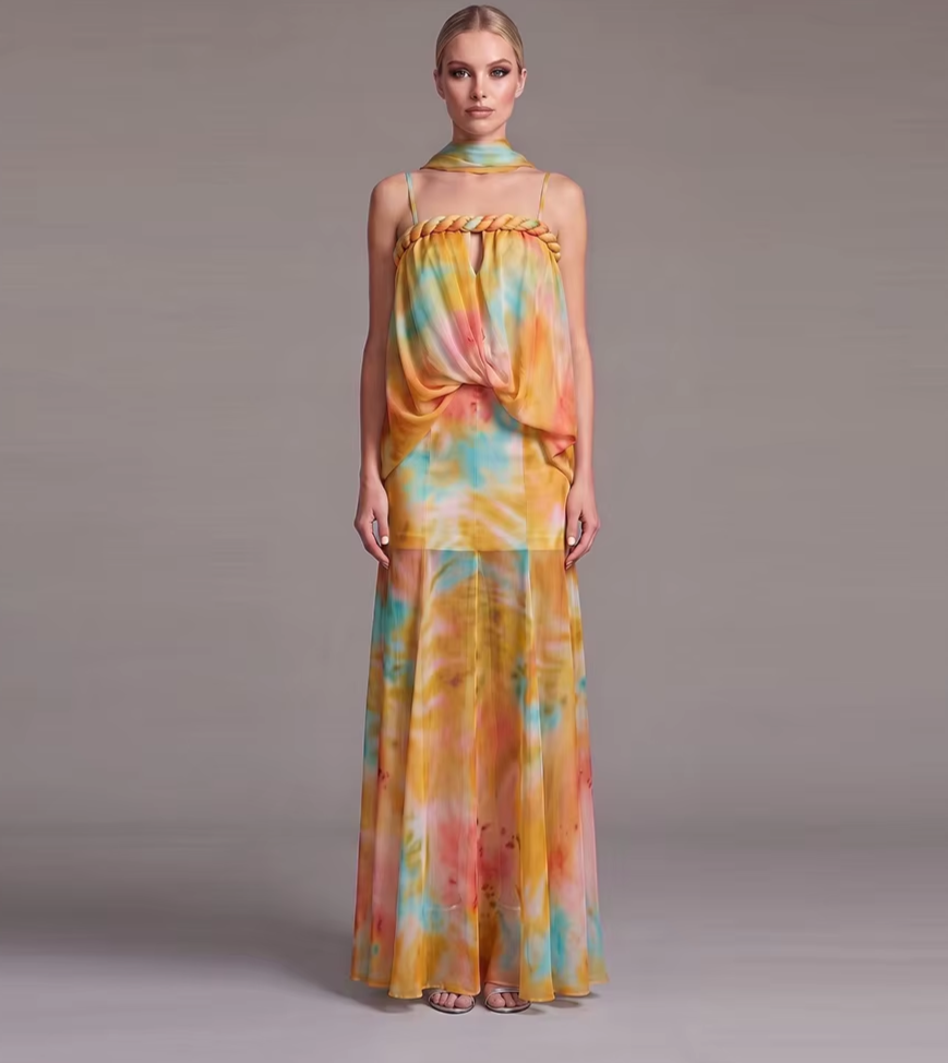 Back view of a tie-dye maxi dress