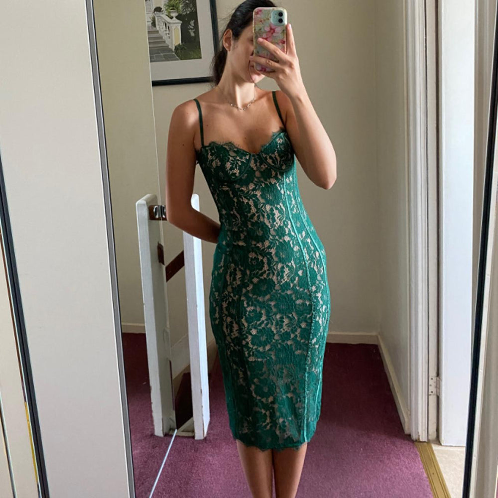 Green lace midi dress with spaghetti straps