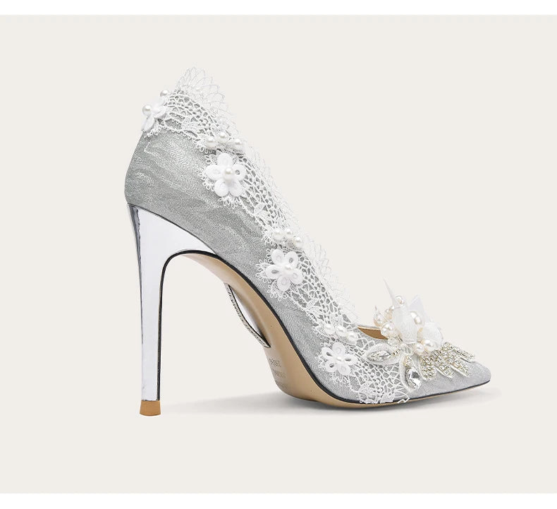 3D flower stiletto heels in silver designed for special occasions