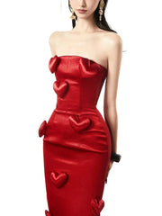 3d heart red strapless satin gown with sculpted detailing