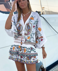 Embroidered V-neck top and tiered mini skirt set with paisley and floral prints
