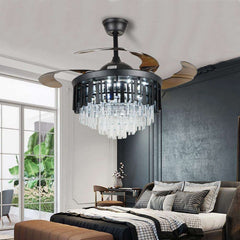 42 Inch Retractable Remote Control Black Crystal Chandelier Fan Light 