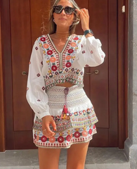 Embroidered V-neck top and tiered mini skirt set with paisley and floral prints