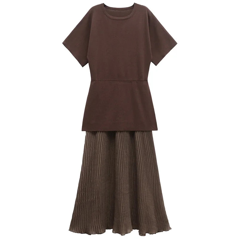 Brown dress with a pleated skirt on a white background