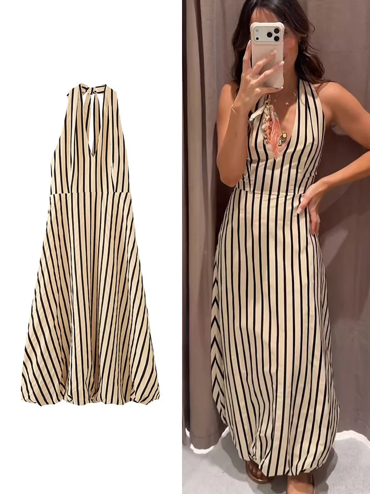 Striped halter neck midi dress displayed flat
