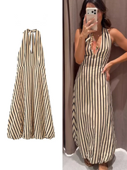 Striped halter neck midi dress displayed flat