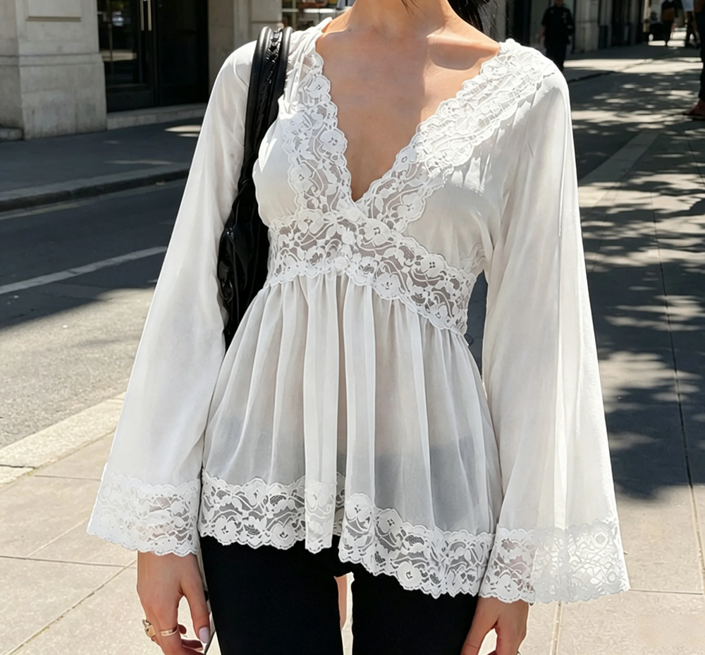 Lace V-neck bell sleeve top