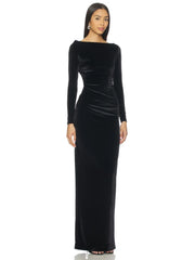 Front view of a black velvet gown with long sleeves
