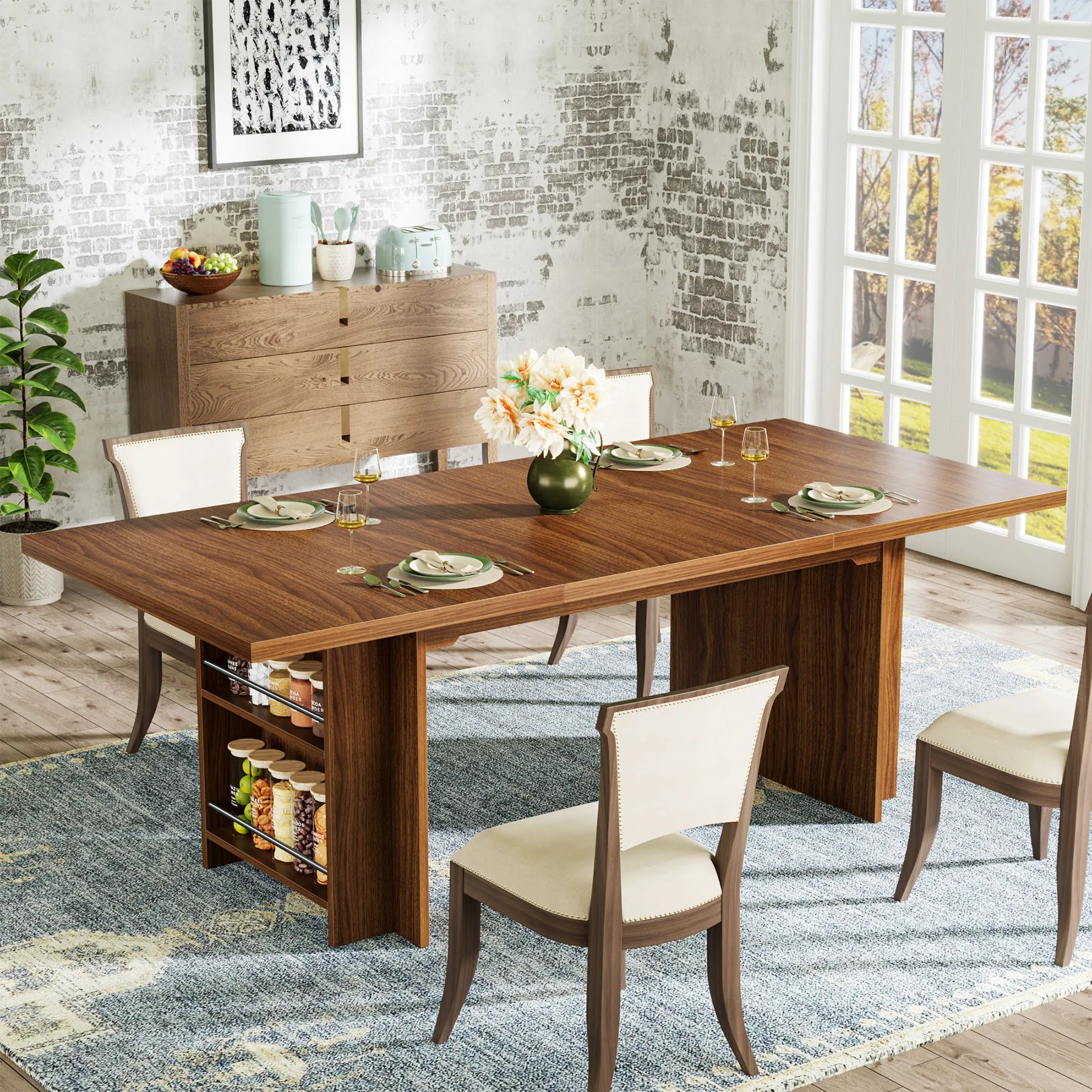 rectangular dining table for 6 to 8 with lower wood shelf
