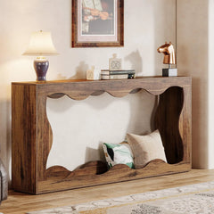 63 inch narrow farmhouse console table behind a modern sofa
