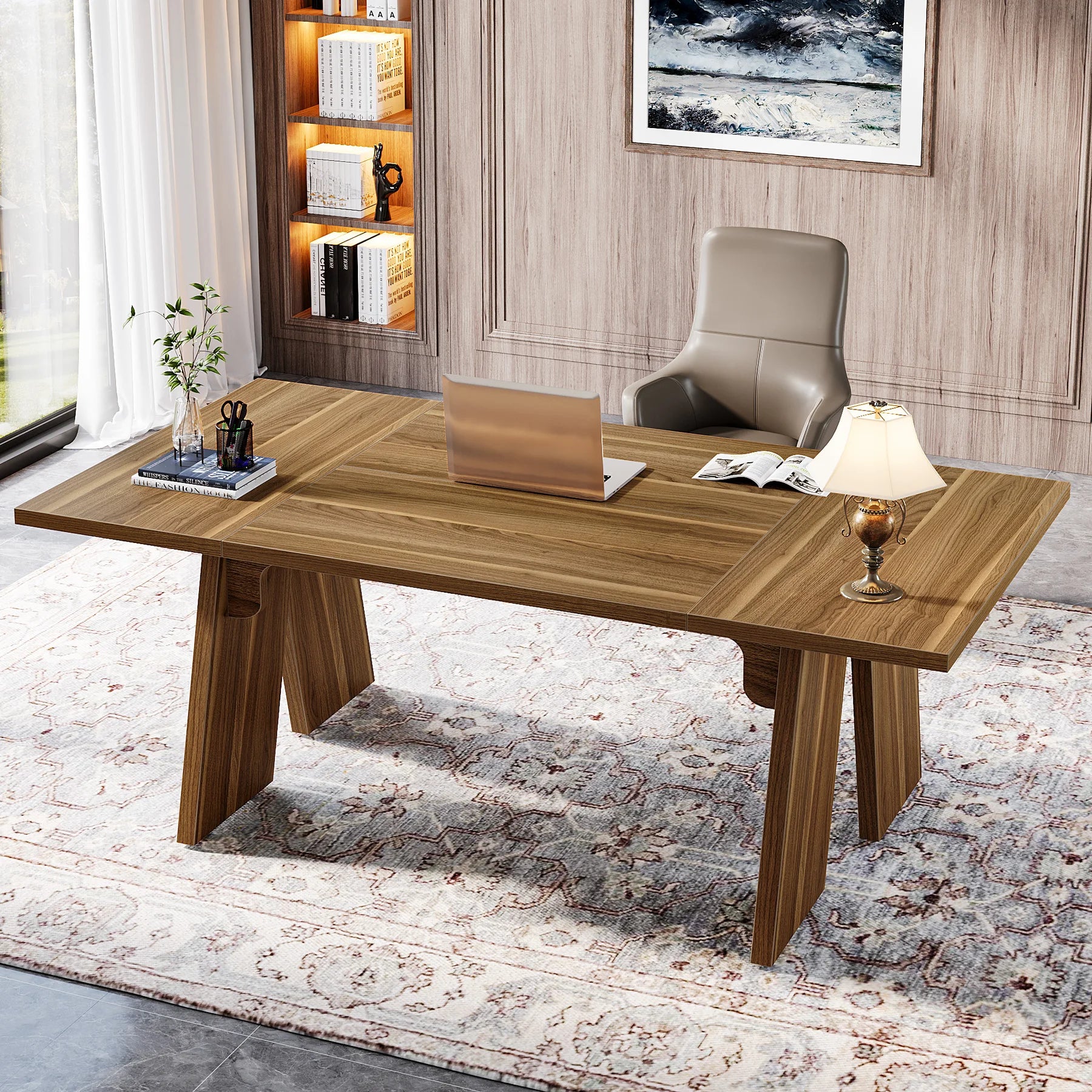 70 inch solid wood executive desk with farmhouse frame
