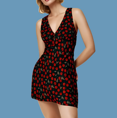 Black With Fruit Red Cherry Print Mini Tank Dress For Women