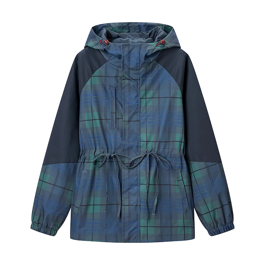 Blue and green plaid jacket with a hood on a white background
