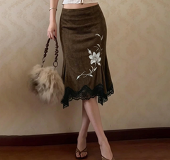 Floral Embroidery Mermaid Midi Skirt with lace trim