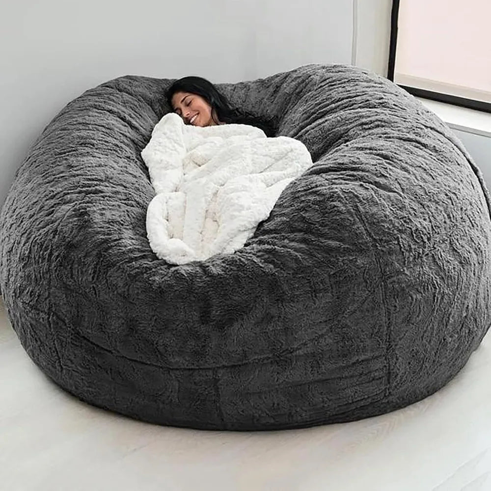 7ft bean bag chair cover in dark gray faux fur fabric
