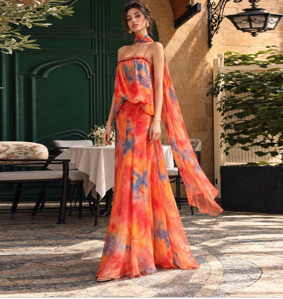 Close-up of the tie-dye print on a maxi dress