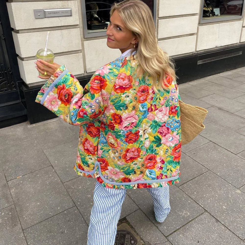 Floral print quilted jacket from the back